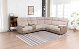 Beige sectional sofa with console and wireless charger on striped rug in bright living room