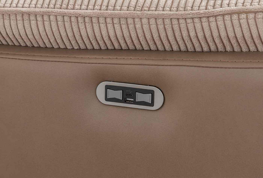 Beige sectional sofa console with built-in USB charging ports and corduroy cushion detail