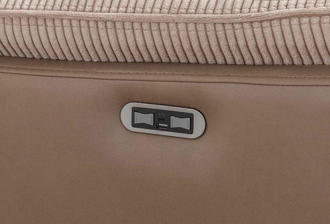 Beige sectional sofa console with built-in USB charging ports and corduroy cushion detail