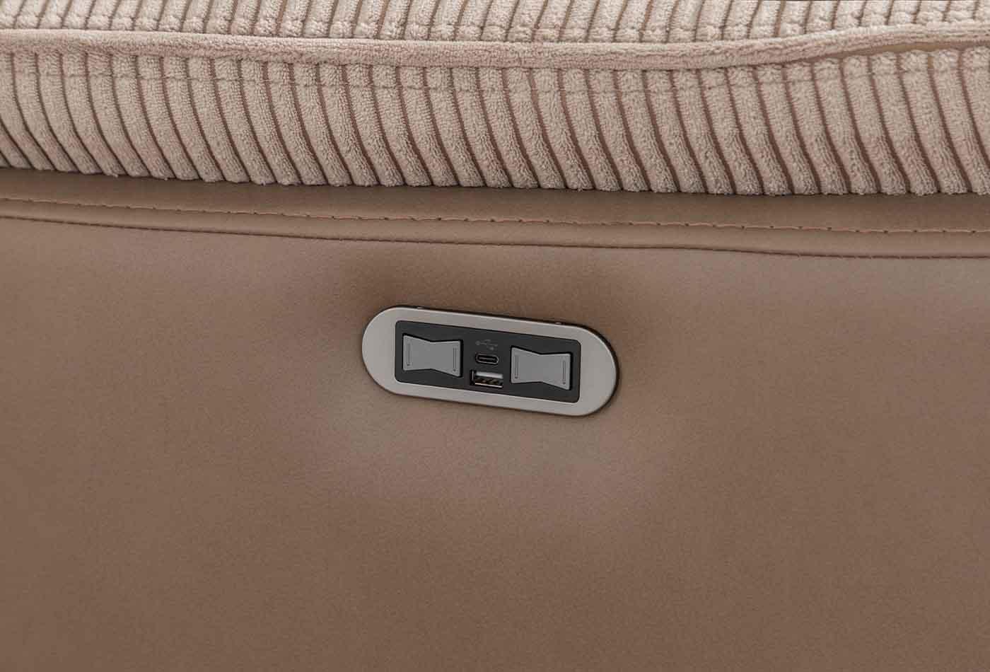 Beige sectional sofa console with built-in USB charging ports and corduroy cushion detail