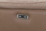 Beige sectional sofa console with built-in USB charging ports and corduroy cushion detail
