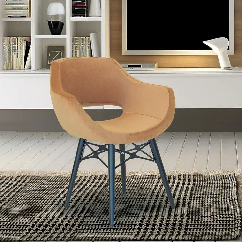 Mustard fabric accent chair with black legs on patterned rug in modern living room