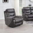 Slate fabric armchair and matching recliner sofa with contrast piping in living room