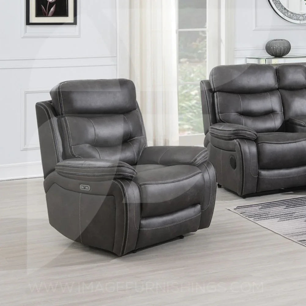 Slate fabric armchair and matching recliner sofa with contrast piping in living room
