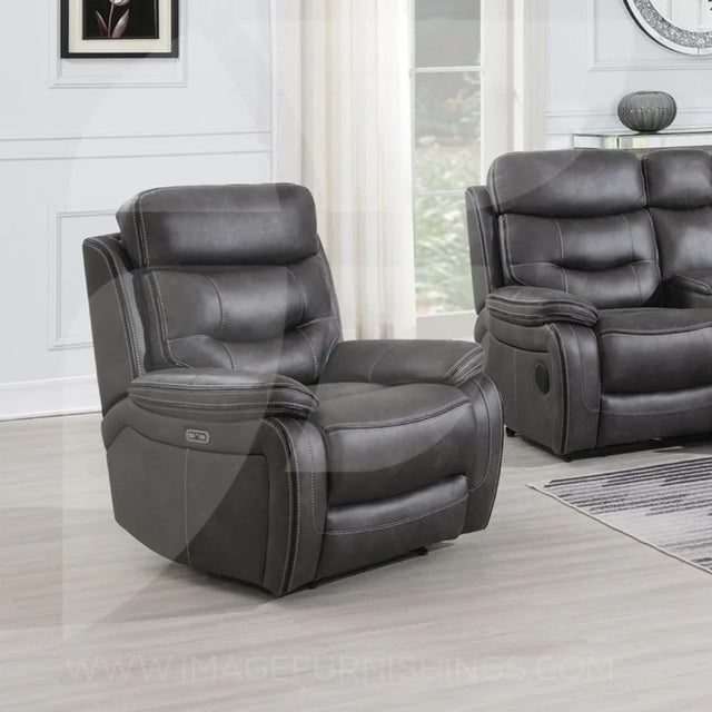 Slate fabric armchair and matching recliner sofa with contrast piping in living room