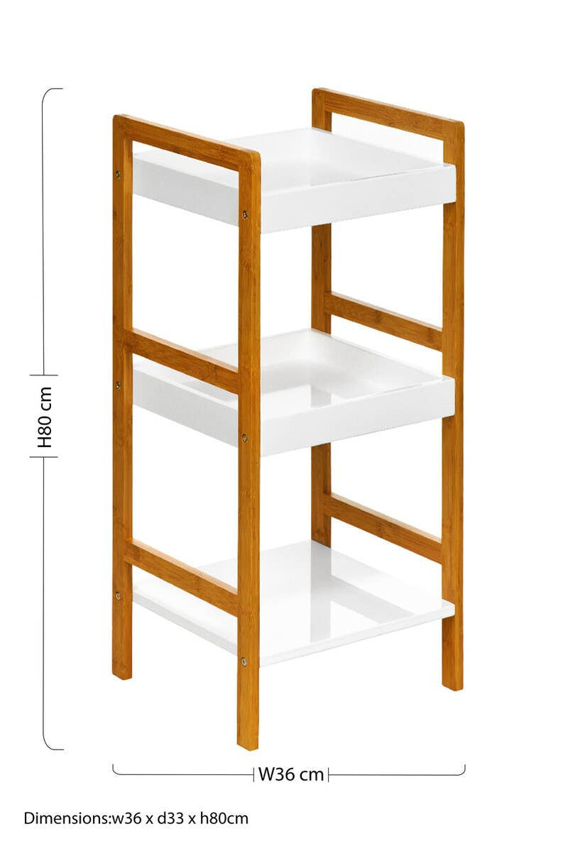 A three-tier shelf unit featuring a high gloss white finish on the shelves and a contrasting wooden frame in a warm tone. The design is modern and minimalist, with clean lines and a compact structure suitable for small spaces