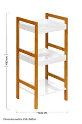 A three-tier shelf unit featuring a high gloss white finish on the shelves and a contrasting wooden frame in a warm tone. The design is modern and minimalist, with clean lines and a compact structure suitable for small spaces