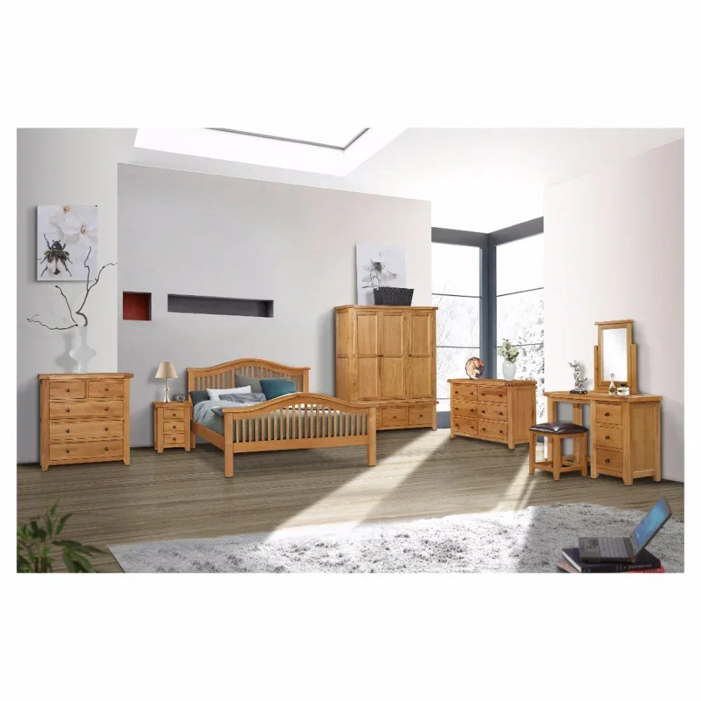 Natural oak bedroom furniture set with slatted bed, wardrobe, dresser and drawers