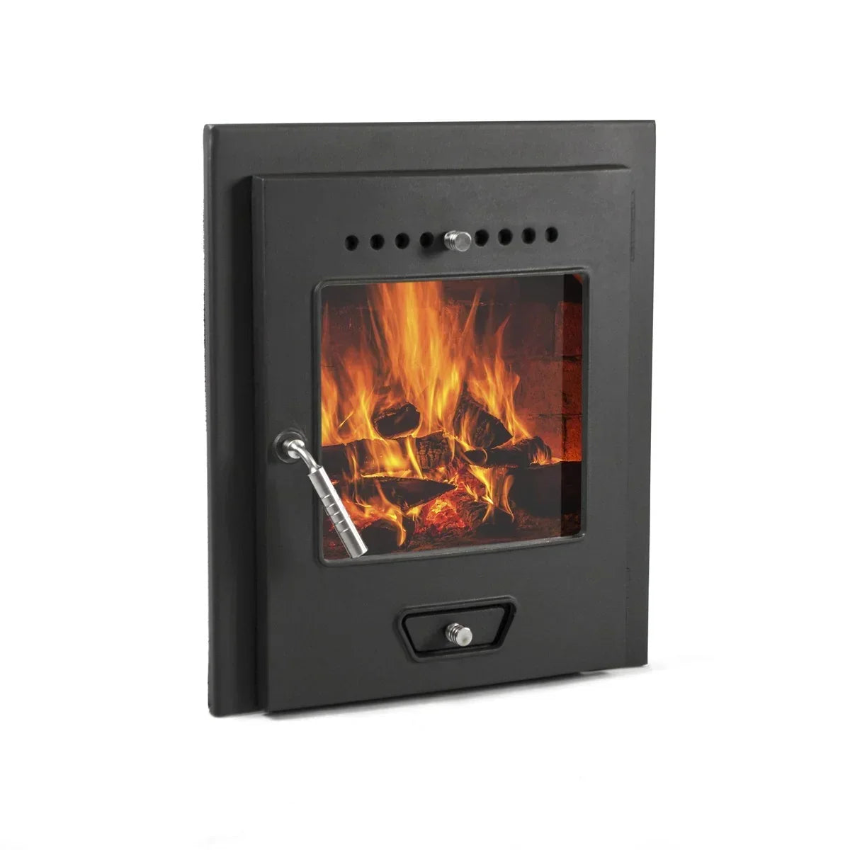 Black fire door with glass window showing burning logs, modern steel stove front view