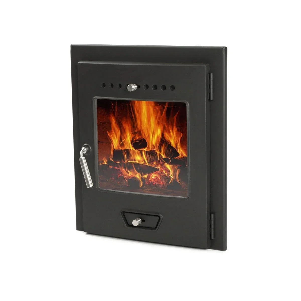 Black fire door with glass window showing burning logs and flames