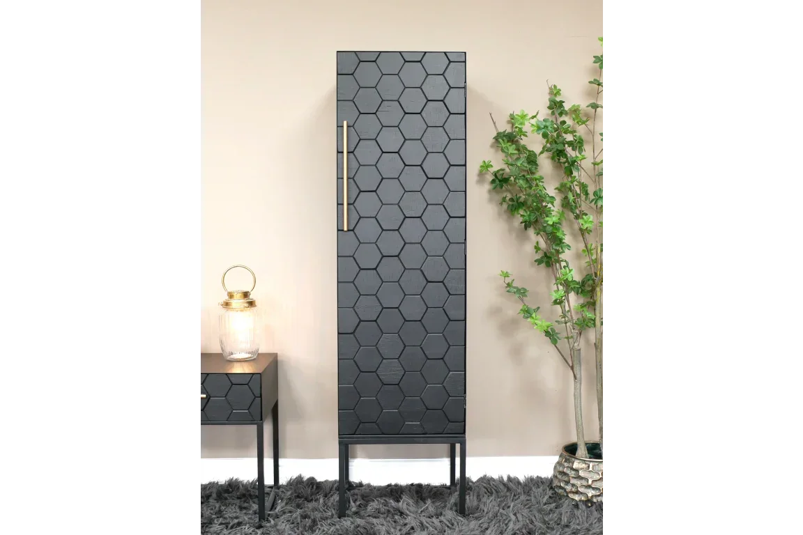 Black hexagon pattern storage cabinet with gold handle, next to matching side table and plant