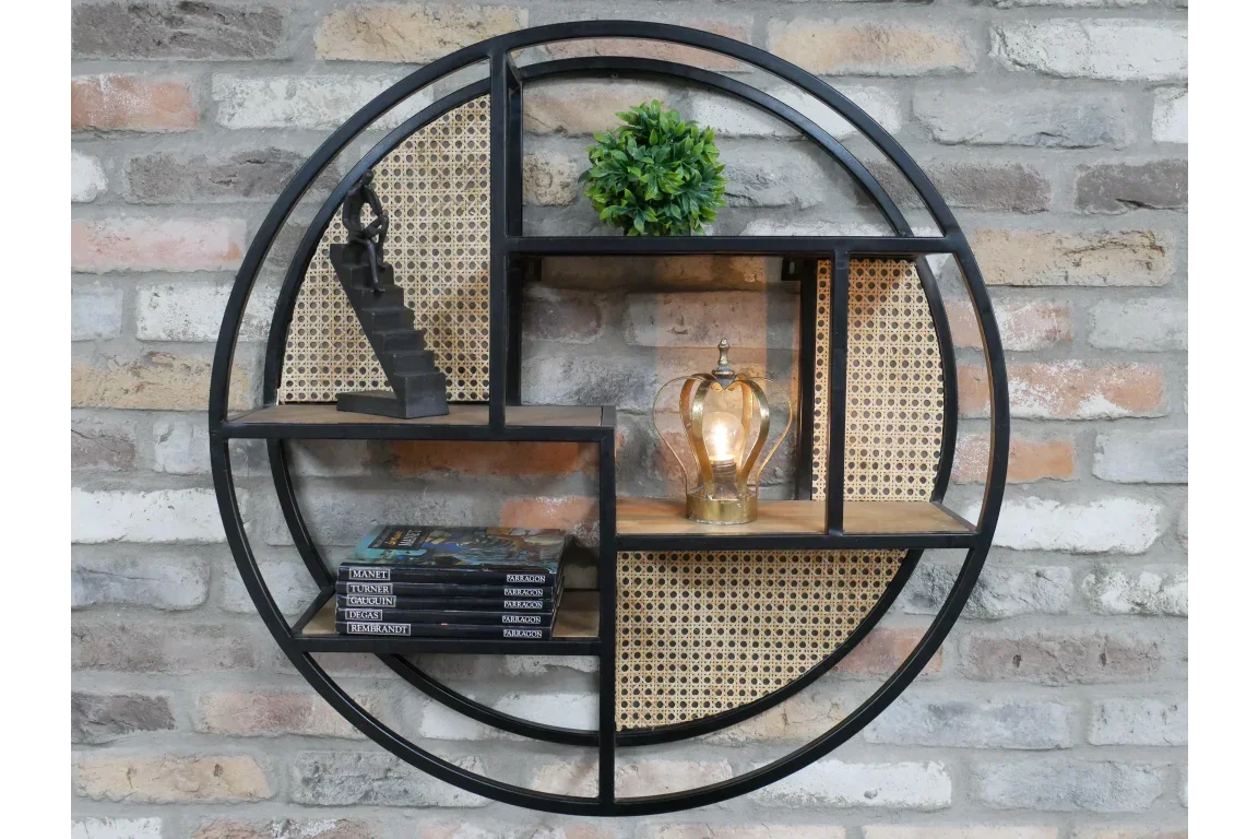 Round wall shelf with metal frame, wood shelves, rattan panels, books, lamp, and plant