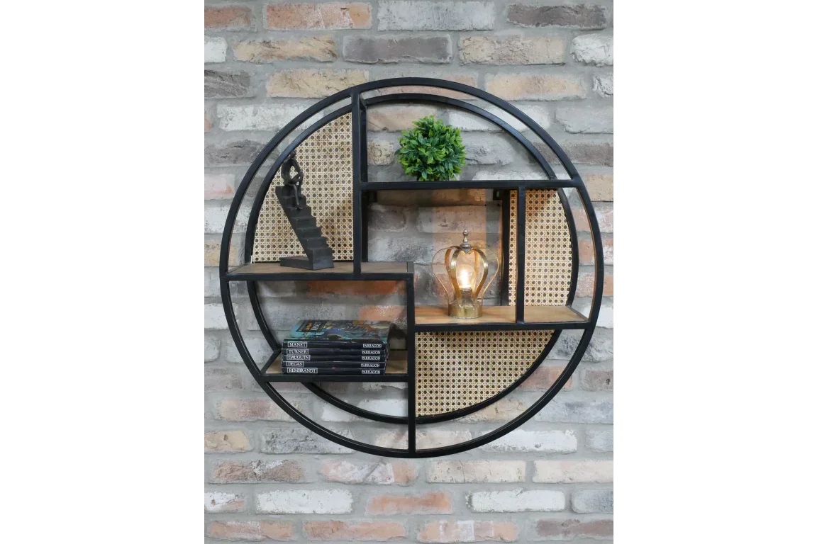 Round industrial wall shelf with metal frame, wood shelves, decor, and books on brick wall