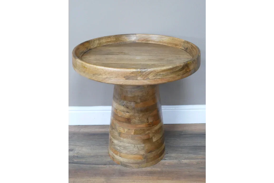 Round wooden side table with tray top and tapered base in natural finish