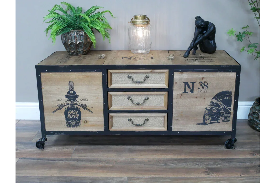 Industrial sideboard with wood and metal, motorcycle graphics, drawers and decorative handles