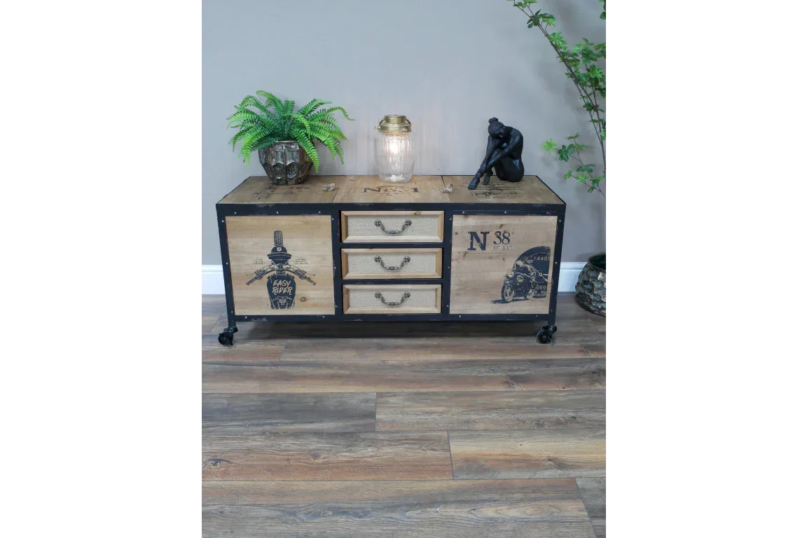 Industrial sideboard with wood drawers, metal frame, printed designs, and decorative accents