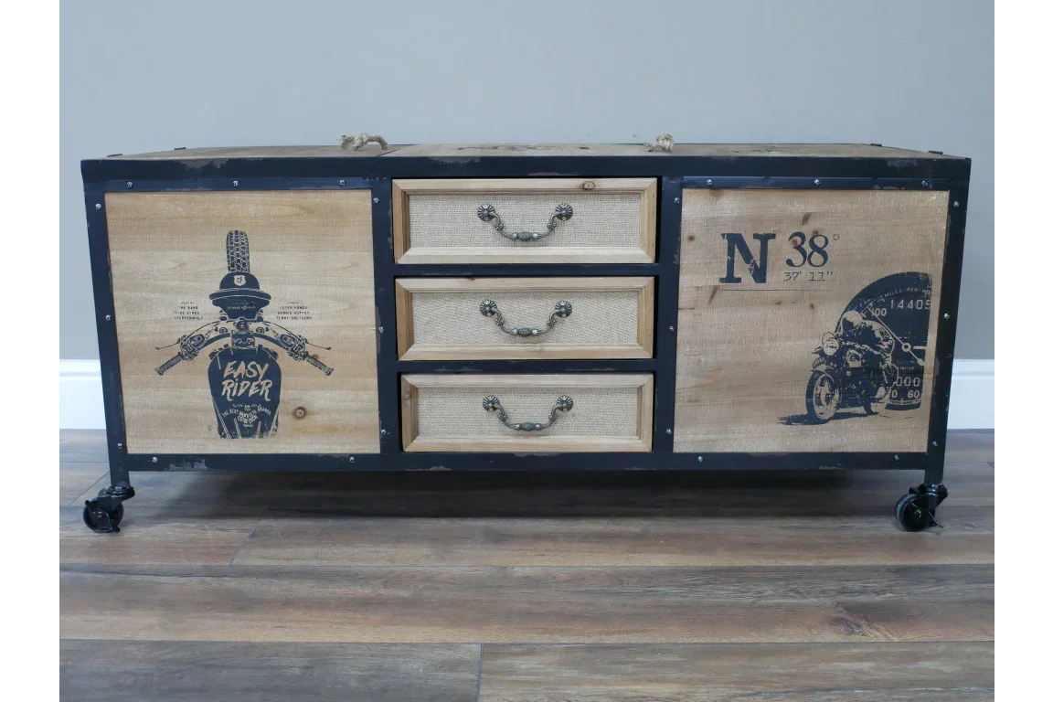 Industrial sideboard with wood panels, three drawers, motorcycle graphics, metal frame, casters