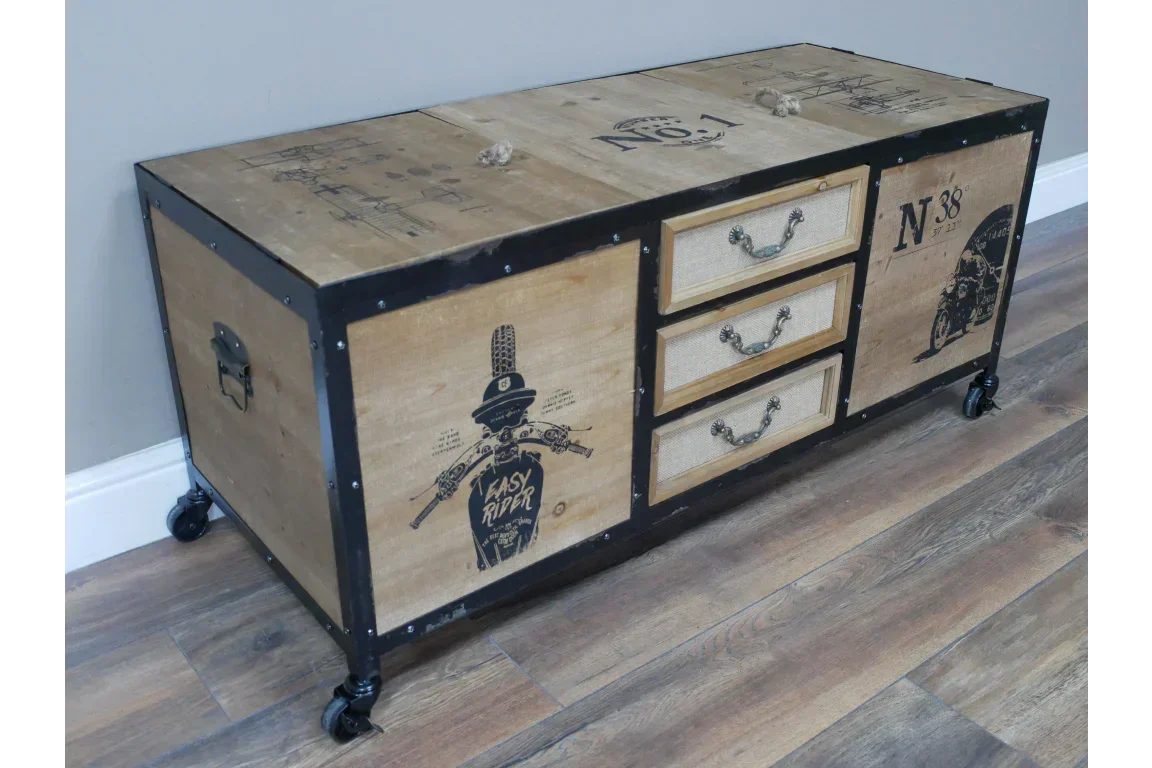 Industrial style storage chest with three drawers, metal frame, printed wood panels and wheels