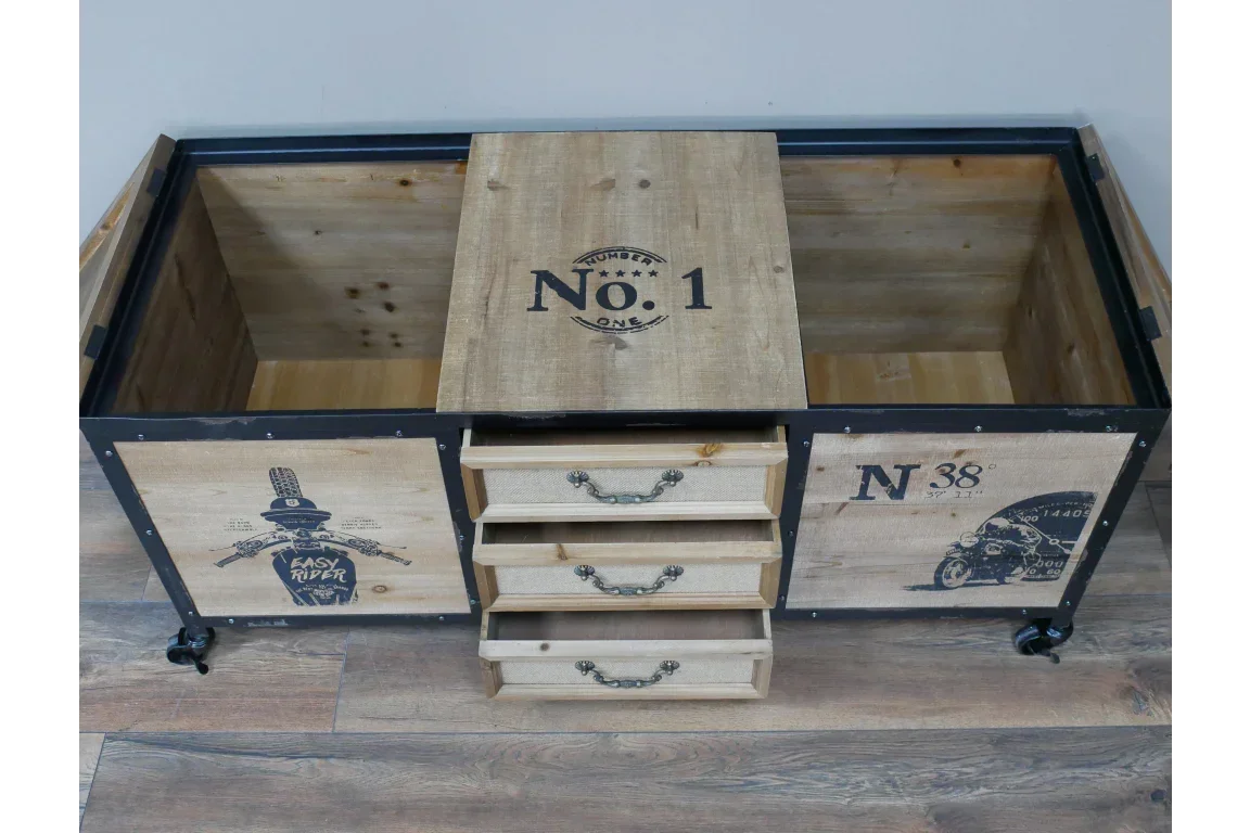 Industrial wood storage trunk with three drawers, open lid, graphic panels, metal wheels