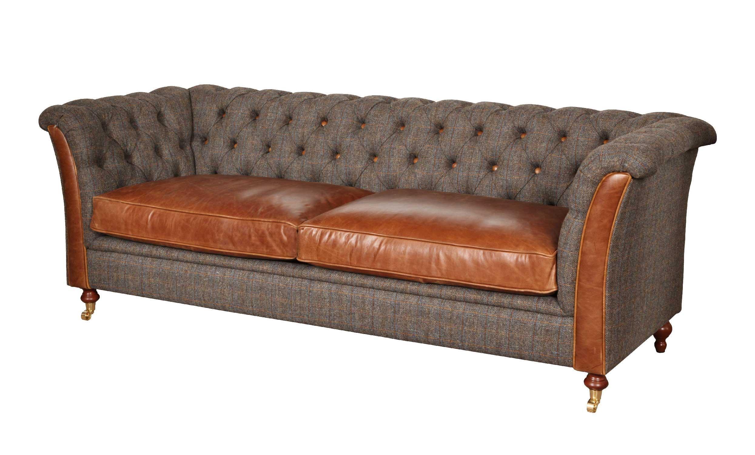 Brown leather and tweed Chesterfield sofa with button tufted back and wooden legs