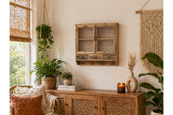 Rustic wooden wall unit with glass doors, three drawers, and four hooks, mounted on beige wall in cozy room setting.