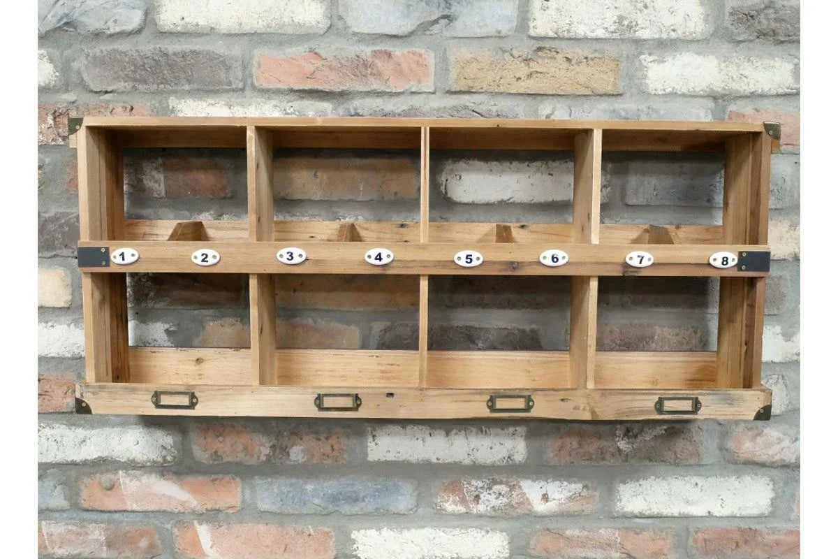 Wall-mounted wooden storage organizer with eight numbered cubby holes