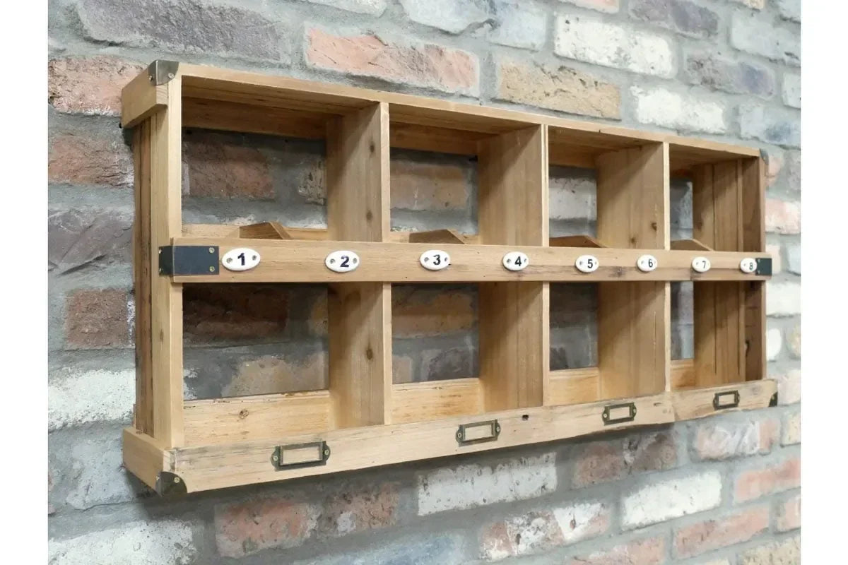 Rustic wooden wall organizer with eight numbered cubby storage compartments