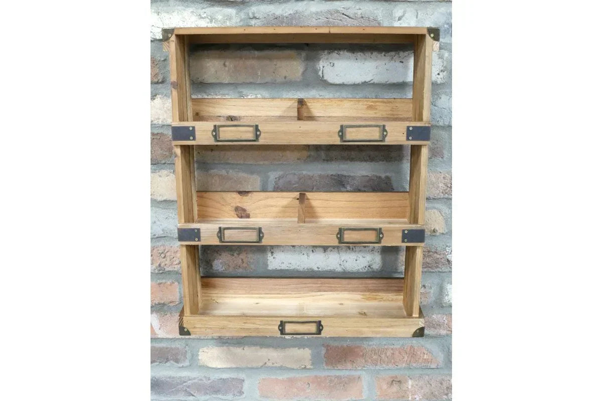 Wooden wall shelf unit with three compartments and metal label holders, mounted on brick wall