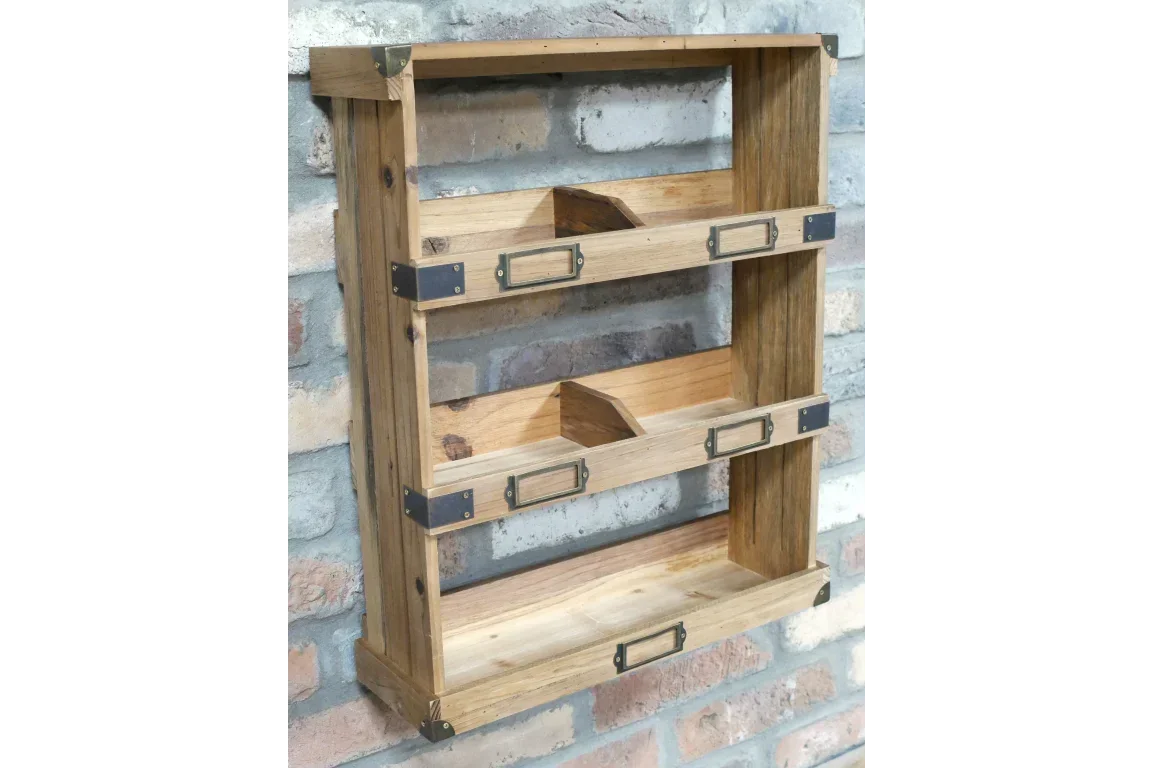 Rustic wooden wall shelf unit with three compartments and metal label holders