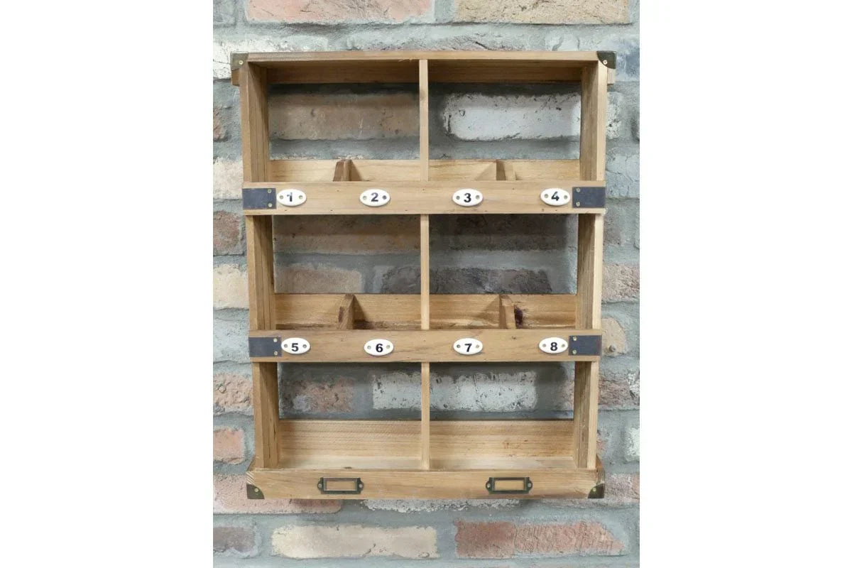Wooden wall shelf unit with 8 numbered storage compartments and metal accents