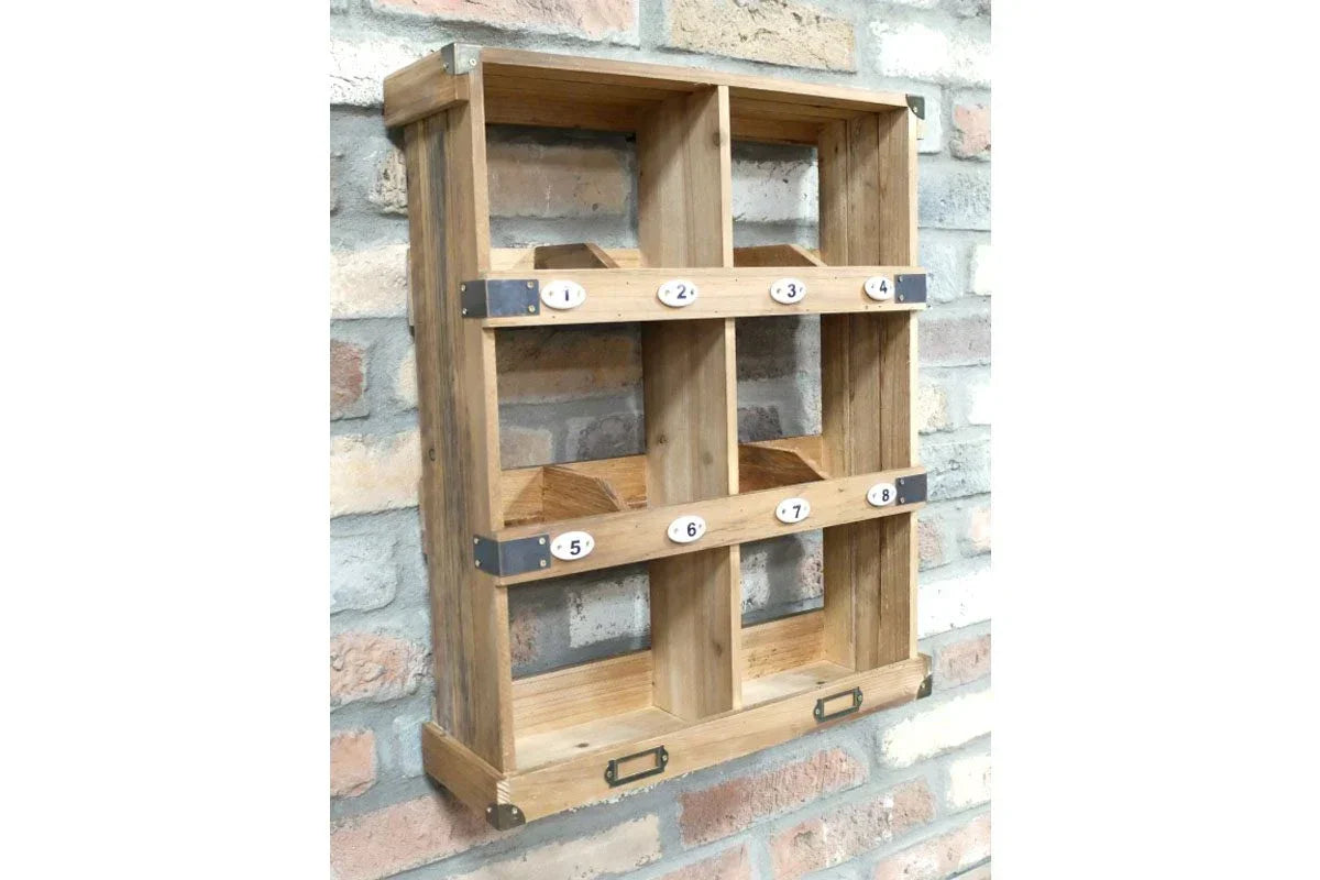 Wall mounted wooden storage unit with eight compartments and metal corner brackets