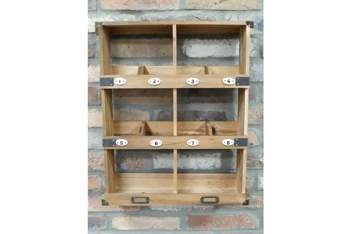 Wooden wall shelf unit with eight numbered storage compartments, rustic finish, metal corner accents