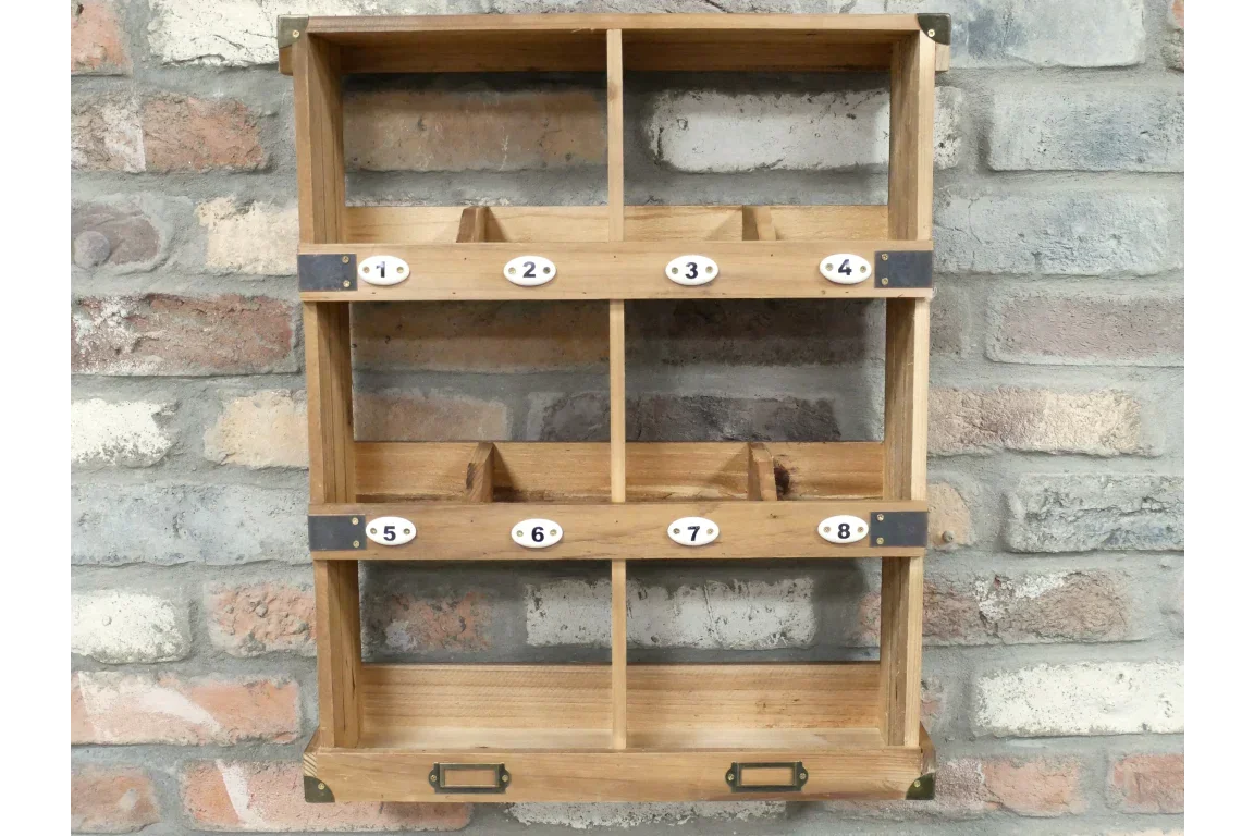 Wooden wall mounted storage unit with 8 numbered compartments and metal corner plates
