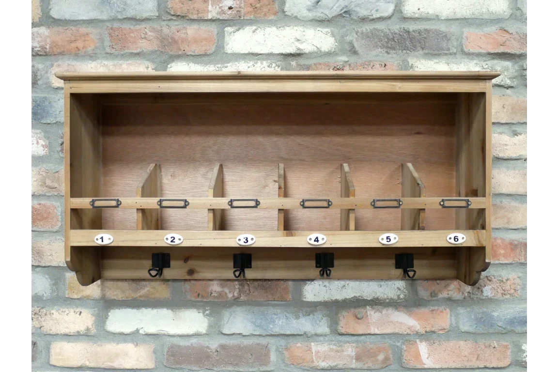 Wooden wall-mounted mail sorter organizer with numbered compartments and key hooks