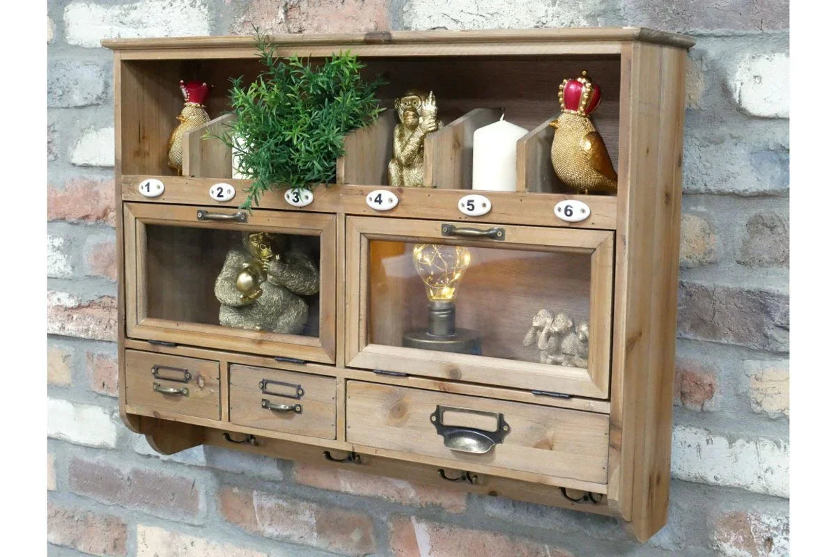 Rustic wooden wall shelf with numbered cubby storage, glass doors, and decorative items