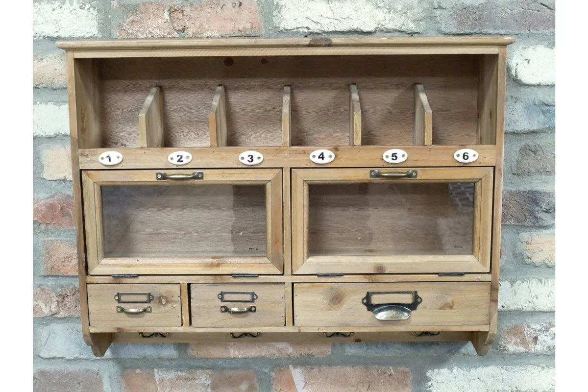 Wooden wall organiser with six mail slots, two glass-front cupboards and three drawers