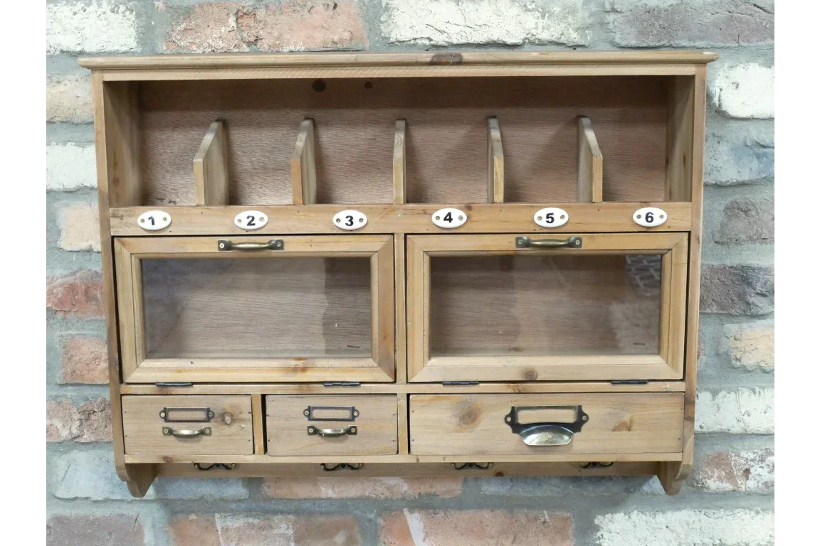 Wall mounted wooden storage unit with six numbered mail slots, two glass-fronted cupboards, and drawers