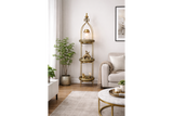 Tall 3 tier gold metal shelves with decorative items, in a neutral living room setting, angled front view.