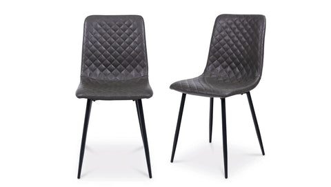 Set of two grey dining chairs with diamond-stitched upholstery and black metal legs