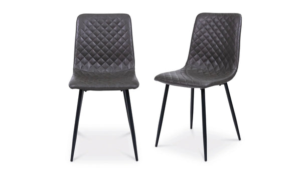 Set of two grey dining chairs with diamond-stitched upholstery and black metal legs