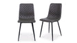 Set of two grey dining chairs with diamond-stitched upholstery and black metal legs