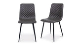 Set of two grey dining chairs with diamond-stitched upholstery and black metal legs