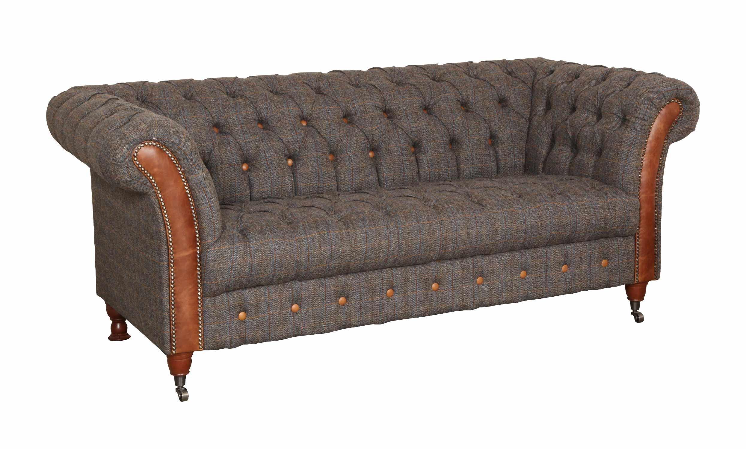 Chesterfield style sofa with grey tweed upholstery and brown leather armrests
