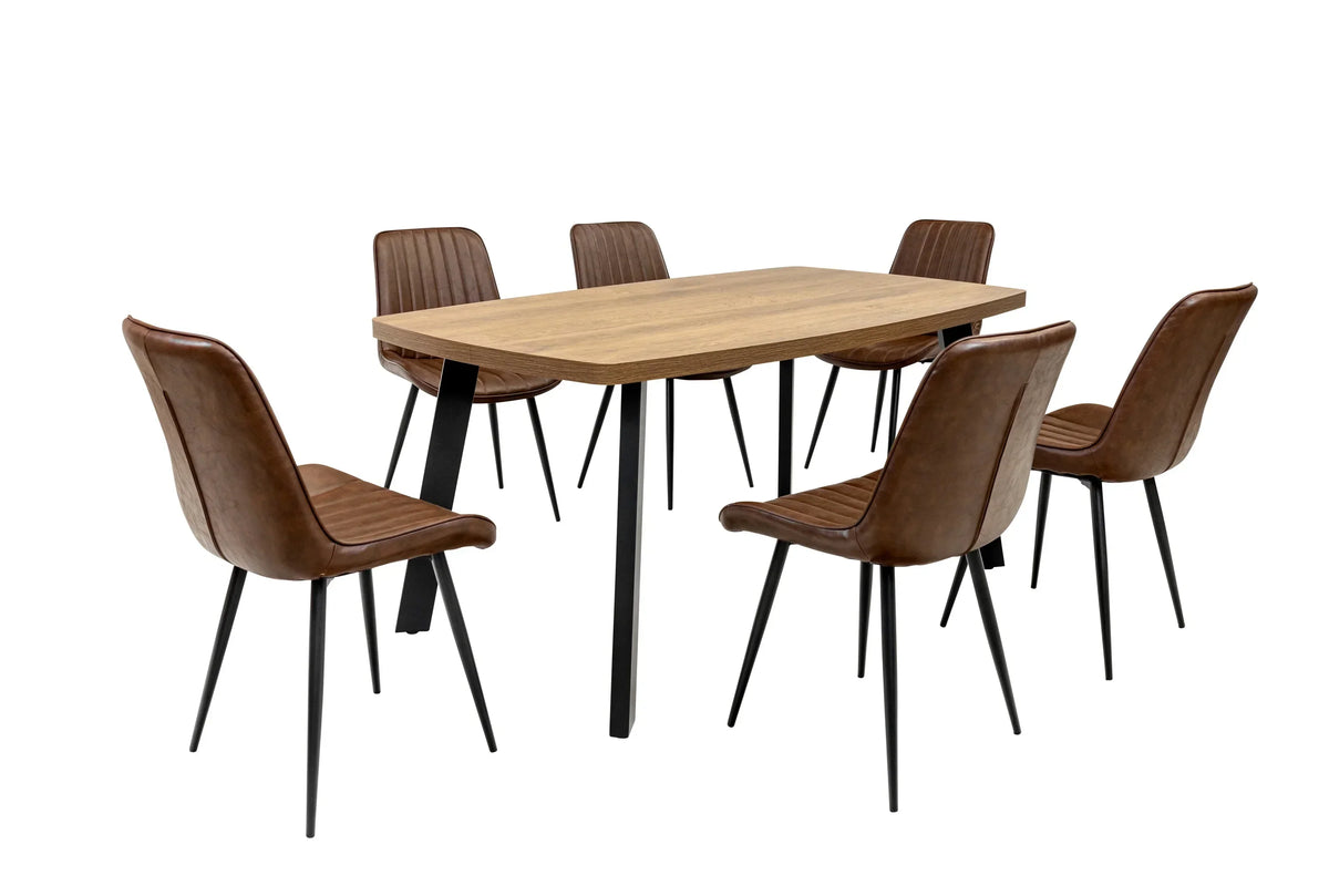 Rectangular oak dining table with six brown faux leather chairs and black metal legs
