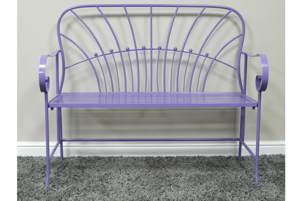 Purple metal garden bench with curved backrest and armrests on grey carpet