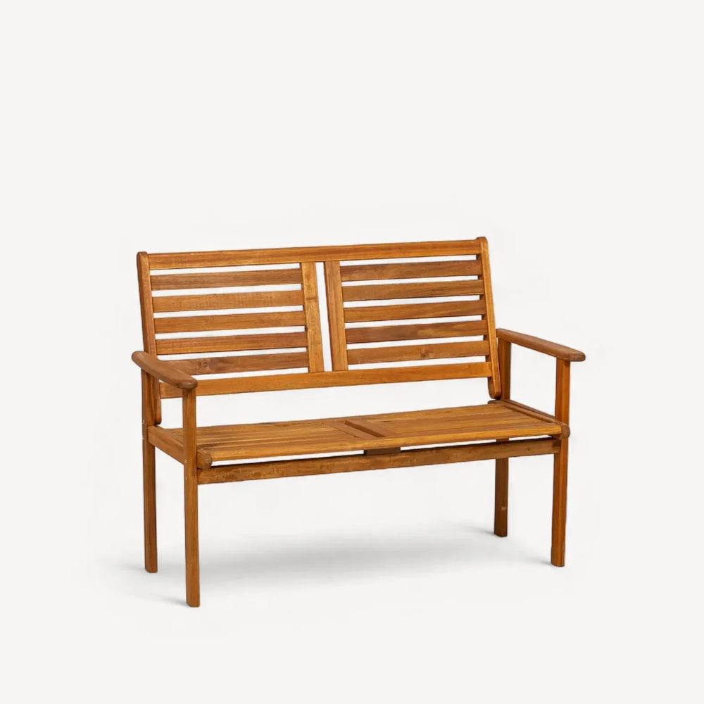 Wooden garden bench with slatted backrest and seat, shown on white background