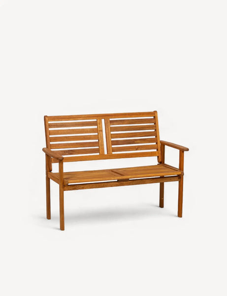 Wooden garden bench with slatted backrest and seat, shown on white background