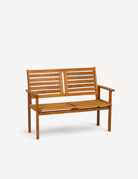Wooden garden bench with slatted backrest and seat, shown on white background