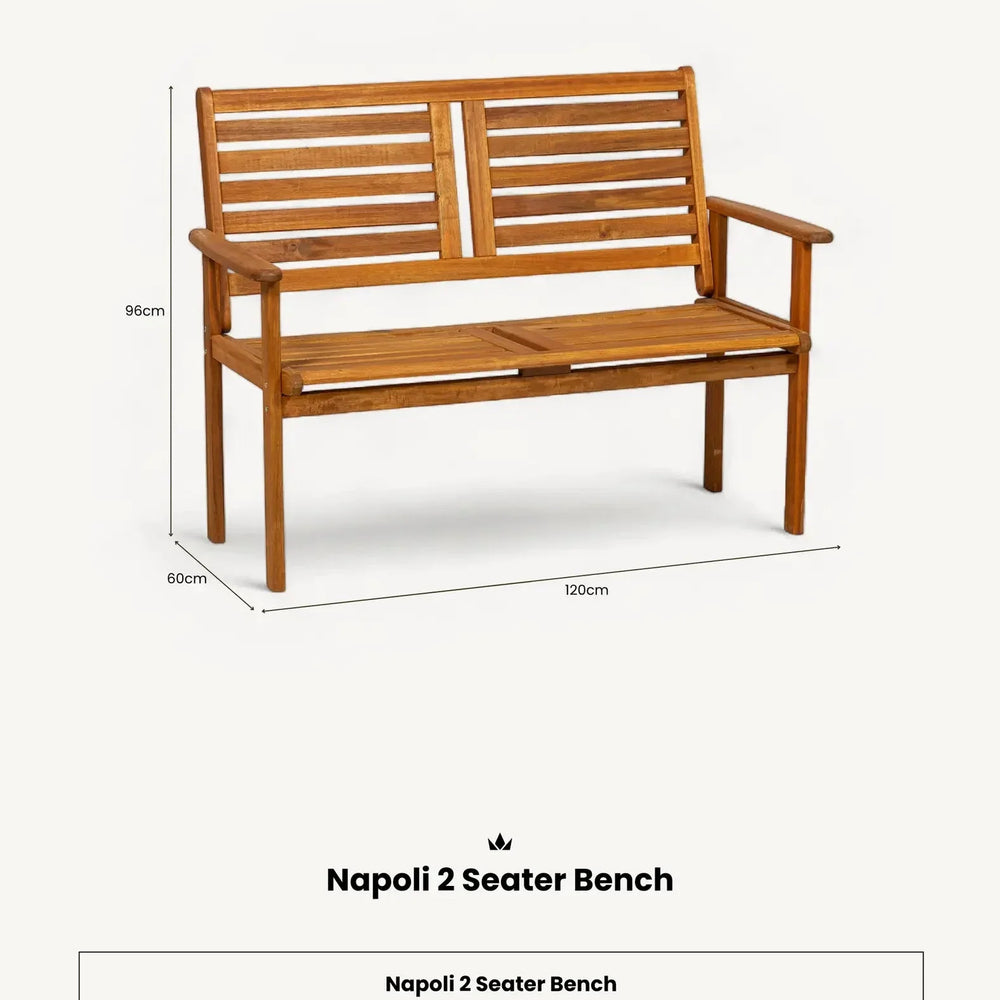 Wooden Napoli 2 seater bench with slatted backrest and arms, shown with dimensions