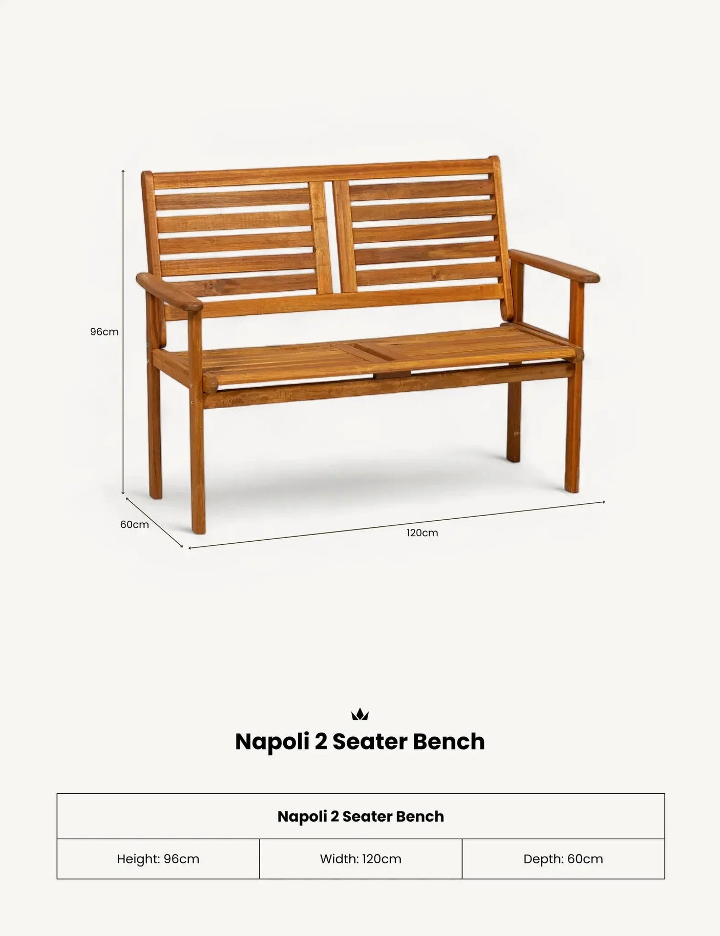 Wooden Napoli 2 seater bench with slatted backrest and arms, shown with dimensions
